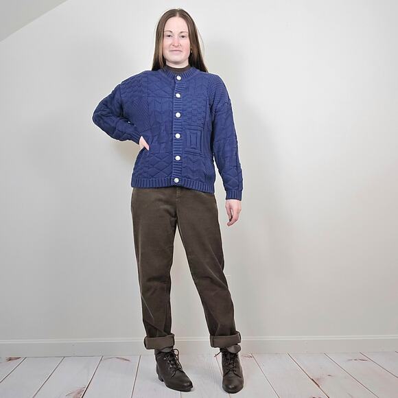 Vintage 90s Eddie Bauer Blue Patchwork Mixed Knit Button Up Cardigan Ws M / Ms S - Picture 1 of 9
